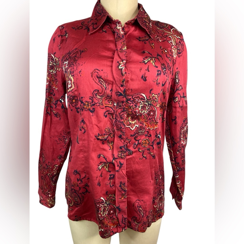 Coldwater Creek Shaped Red Floral Button-Up Blouse Women’s Medium (10-12)
